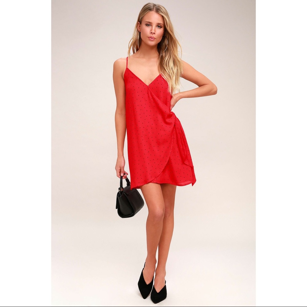 LULUS dots going on red polka dot mini wrap dress